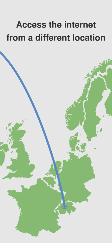 SnowHaze app screenshot showing a map to access the internet from a different location like Switzerland