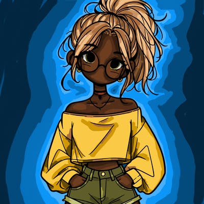 girl with a messy ponytail glasses a baggy crop top and jean shorts