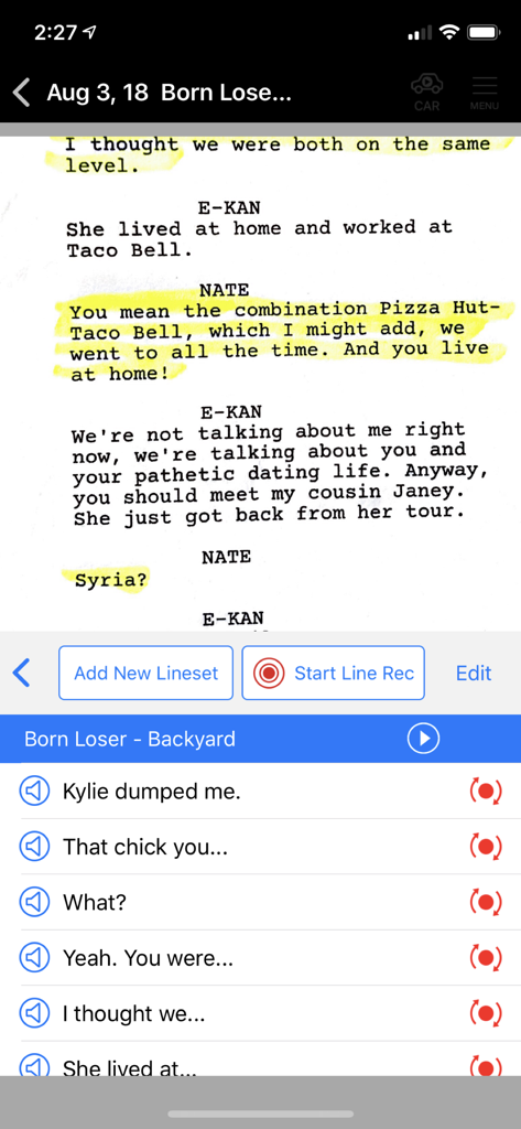 Rehearsal Pro app screen with highlighted script dialogue and line recording features