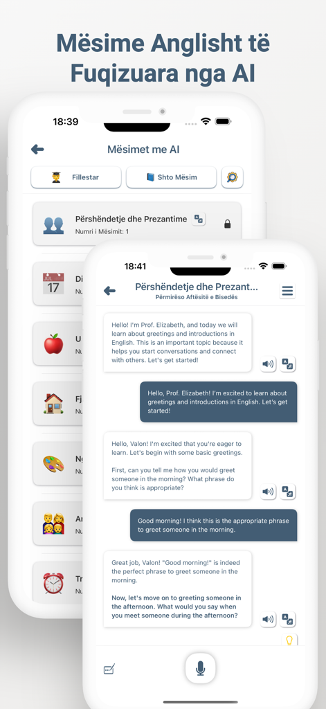 Meso Anglisht - アルバニア語話者向けのAI搭載英語レッスンと仮想チューターとの会話画面が表示されているメソ・アングリシュモバイルアプリのインターフェース