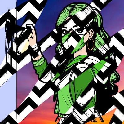 realistic girl with mask spray painting a wall