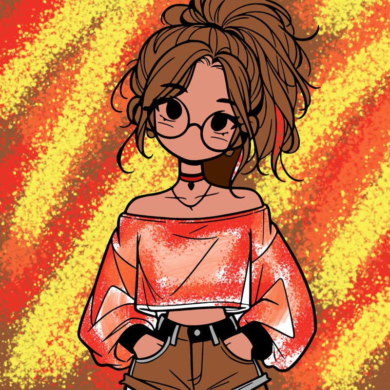 girl with a messy ponytail glasses a baggy crop top and jean shorts