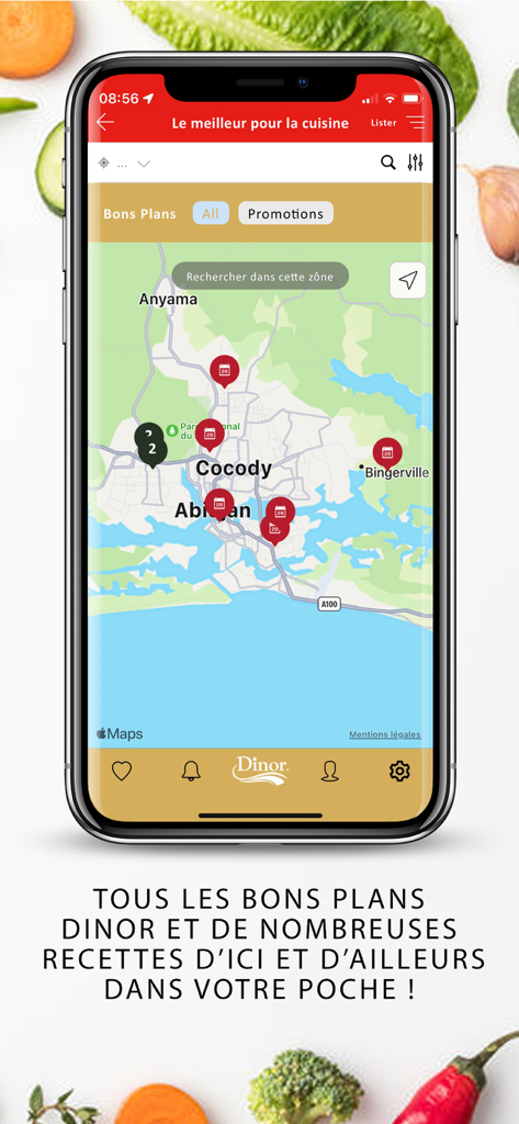 DINOR APP - Smartphone screen showing a map of promotions and store locations in Abidjan within the DINOR culinary app.