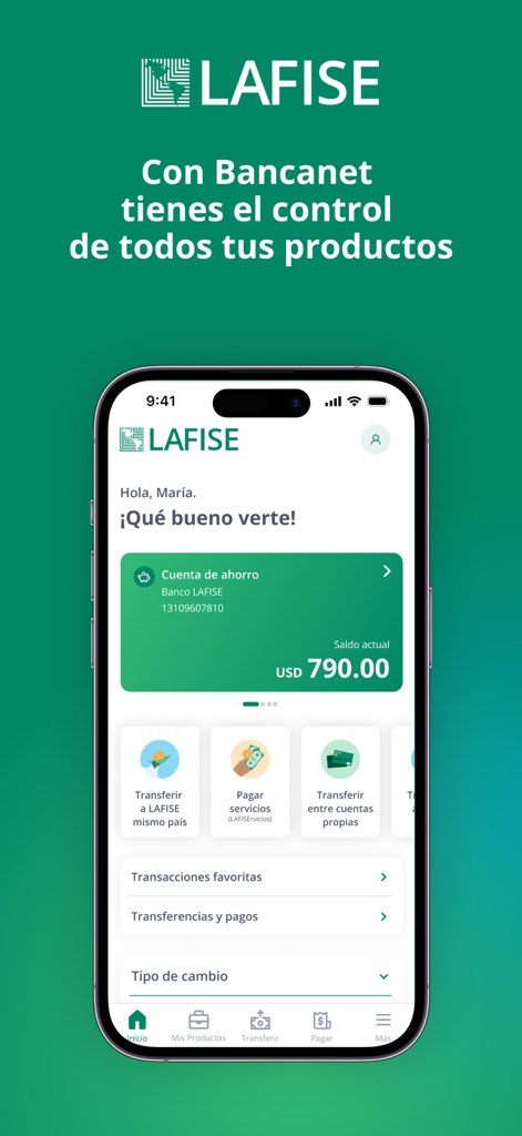 LAFISE Bancanet - LAFISE Bancanet mobile app interface showing a savings account balance and financial service icons