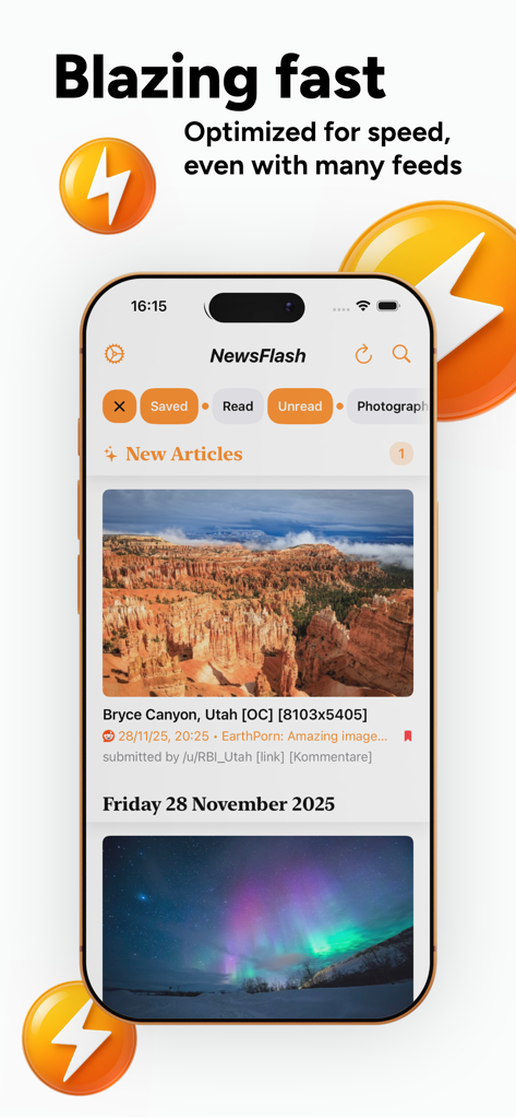 Interface do aplicativo NewsFlash RSS em um iPhone exibindo um feed de notícias de carregamento rápido com prévias de artigos e tags de filtro