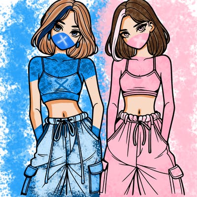 two girls with crop top with baggy pants