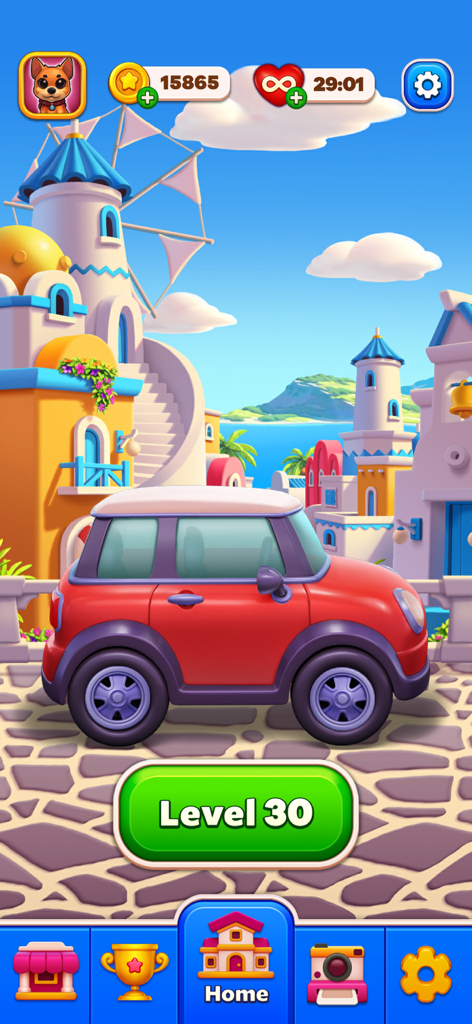 Main menu screen of Car Match Traffic Puzzle featuring a red car in a vibrant coastal town setting.
