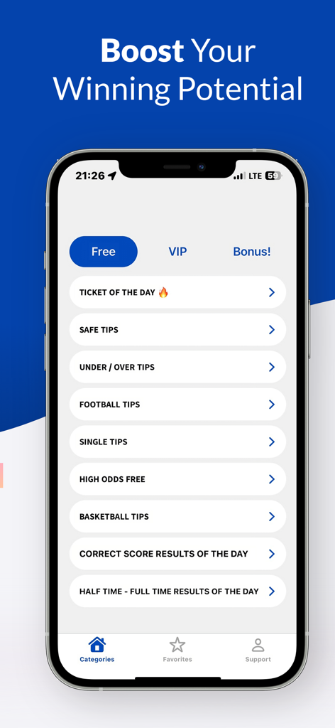 Genius Bet app interface showing various sports betting categories like football and basketball tips