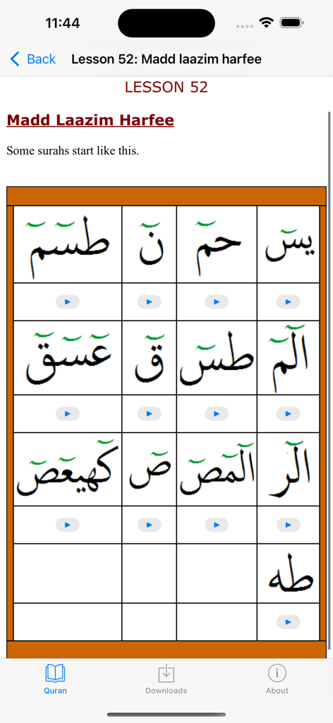 Quran Teacher - Quran Teacher app lesson screen showing Arabic tajweed characters with audio play buttons