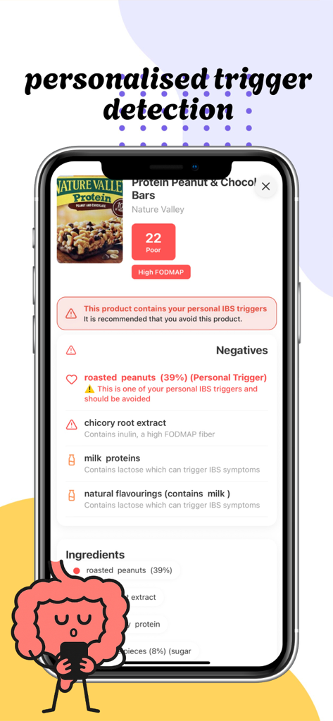 IBS Pal - Interfaz de la aplicación IBS Pal que muestra la detección personalizada de desencadenantes de alimentos y la calificación FODMAP para una barra de bocadillo