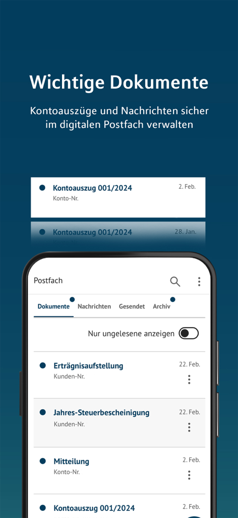 MLP Banking - Screenshot der digitalen Postbox der MLP Banking App zur Verwaltung von Kontoauszügen und Steuerdokumenten