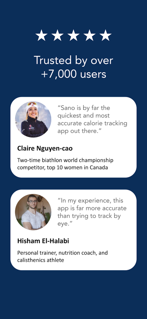 Sano: Photo Calorie Tracking - User testimonials and five star ratings for the Sano calorie tracking app featuring reviews from a professional athlete and a personal trainer.