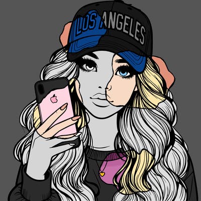 realistic beautiful girl wearing los ángeles cap holding an iphone