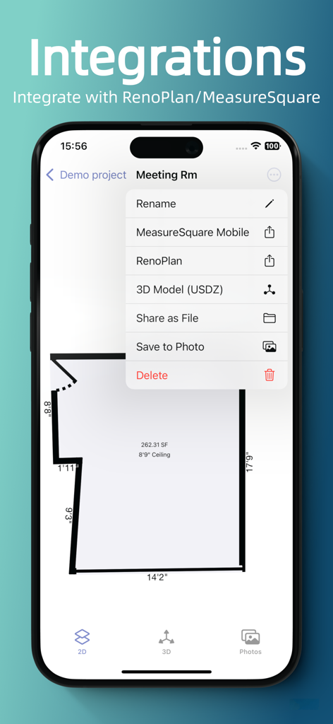 Room Scanner - Easy Measure Rm - Smartphone-Bildschirm, der Grundrissintegrations- und Exportoptionen in der Room Scanner-App zeigt