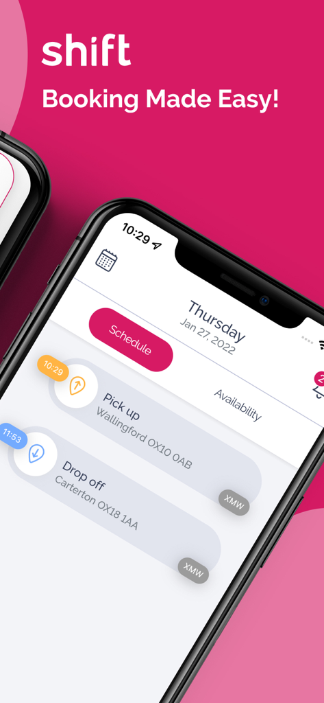 Shift Provider App interface showing delivery schedule with pick up and drop off details