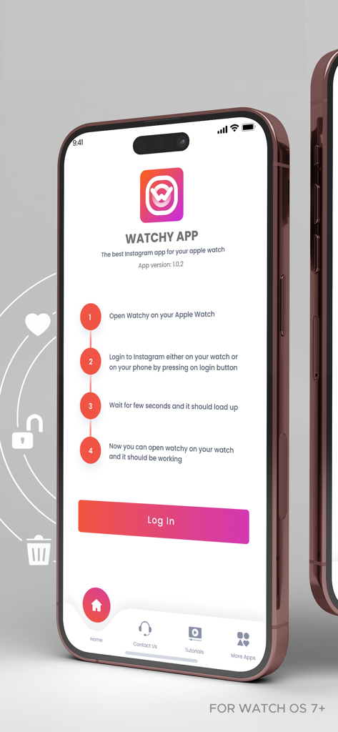 Watchy: use with Instagram - Onboarding screen of Watchy app on iPhone showing a four-step guide to sync Instagram with an Apple Watch