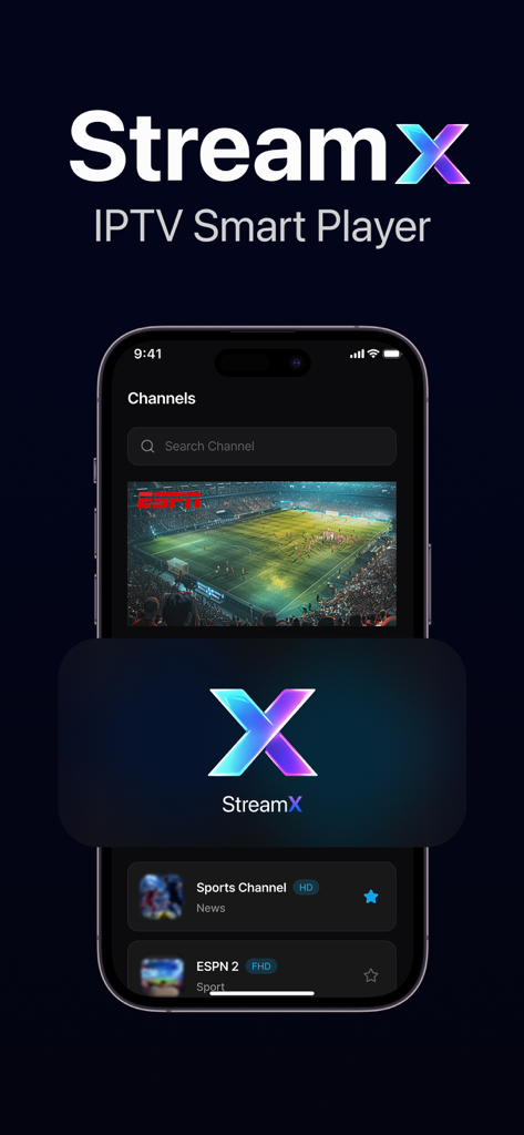 StreamX: Smart Stream Player - StreamX IPTVスマートプレーヤーのiPhoneインターフェース、ライブスポーツチャンネルとプレイリストを表示