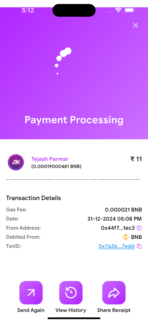 Transaction details screen in PurpleX crypto payment app showing payment processing status and BNB gas fees