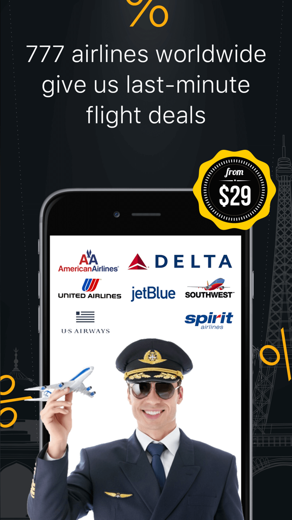 777 Airways app promotional screen showing cheap flight deals from 29 dollars