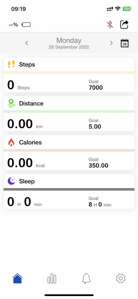 Goji Active app dashboard showing steps distance calories and sleep tracking progress