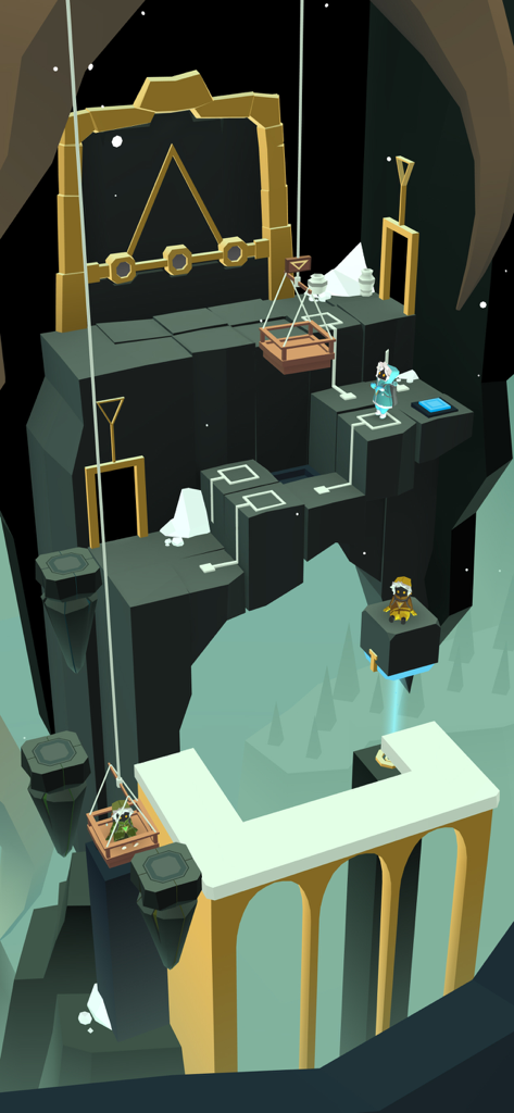Three explorers solving a mountain puzzle using teamwork in Path of Giants