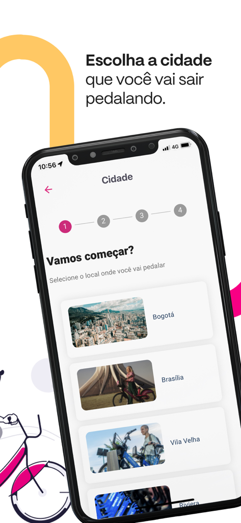 Interface do aplicativo móvel Tembici mostrando a etapa de seleção de cidade para serviços de compartilhamento de bicicletas