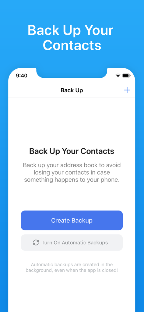 Interface of the Contacts Backup app showing a button to create a contact backup