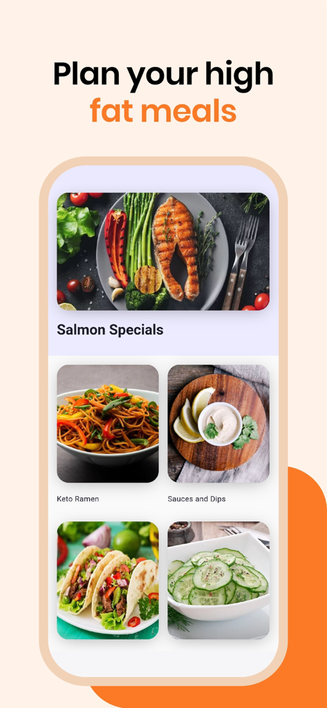 A mobile app interface for planning high fat keto meals including salmon and keto ramen recipes