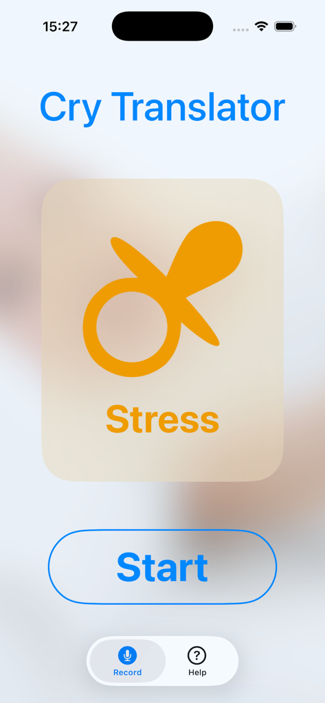 Interface of the Cry Translator app showing a stress diagnosis with an orange pacifier icon
