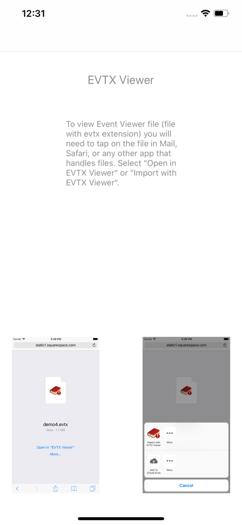 EVTX Viewer - Instruction screen for EVTX Viewer app explaining how to open and import Windows event log files on iOS devices