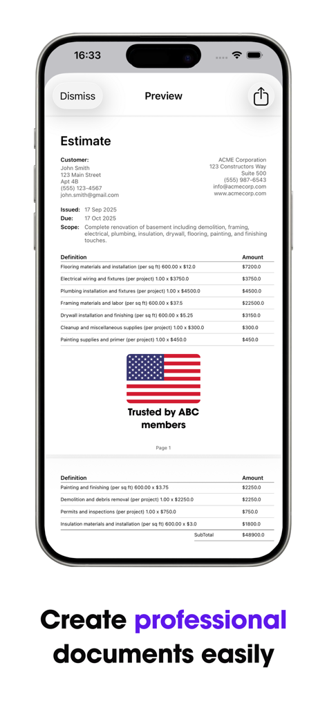 AI Cost Estimates 4 Contractor - iPhone 화면에 표시되는 전문 건설 비용 견적