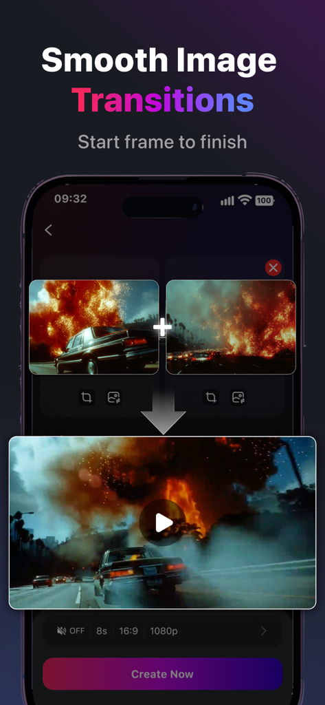 Filmit AI: AI Video Generator - Filmit AI app interface showing smooth video transitions from start to finish frames