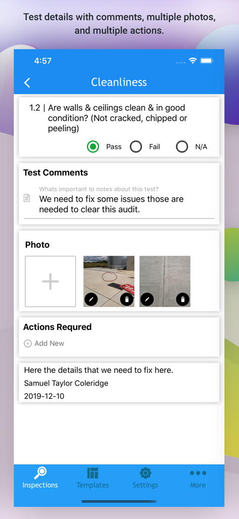 Mobile app interface for performing a site audit inspection with cleanliness checklist photos and comments