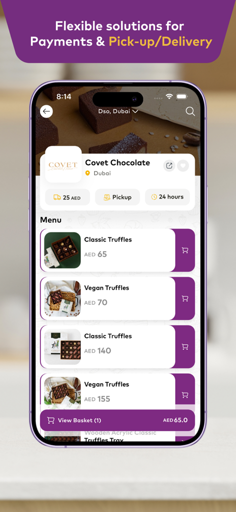 Santra سنطره - Santra mobile app interface showing artisan chocolate truffle menu with delivery and pickup options