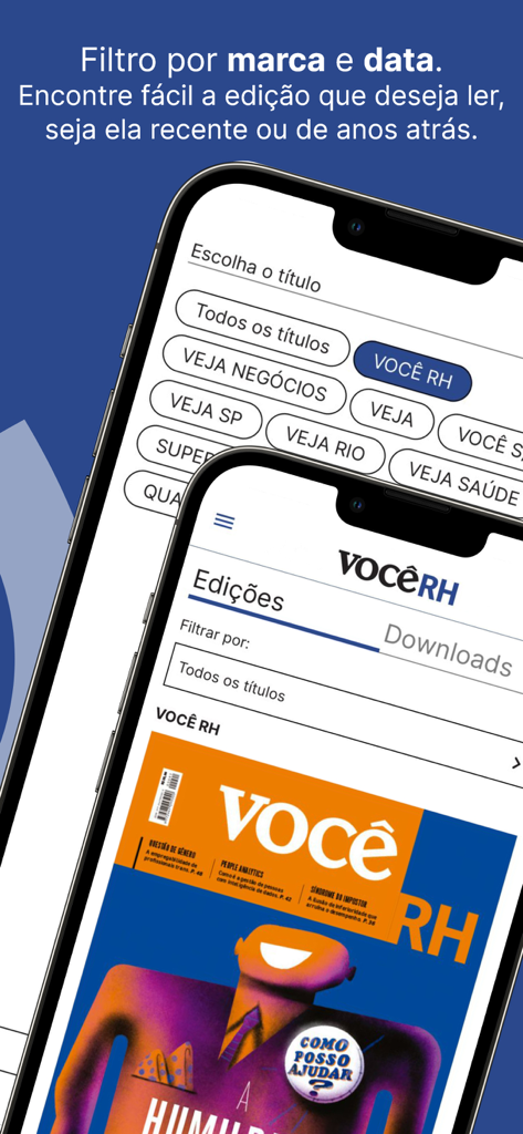 VOCÊ RH - Interface do aplicativo VOCÊ RH exibindo opções de filtro de publicação e edições de revistas