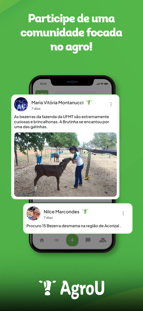 AgroU - AgroU app social feed showing community posts about agribusiness and livestock