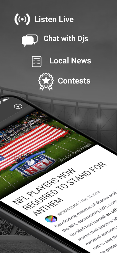 ESPN Sioux Falls (KSOO-AM) - A mobile interface for ESPN Sioux Falls showcasing features like listen live, chat with DJs, local news, and contests over a sports article about the NFL.