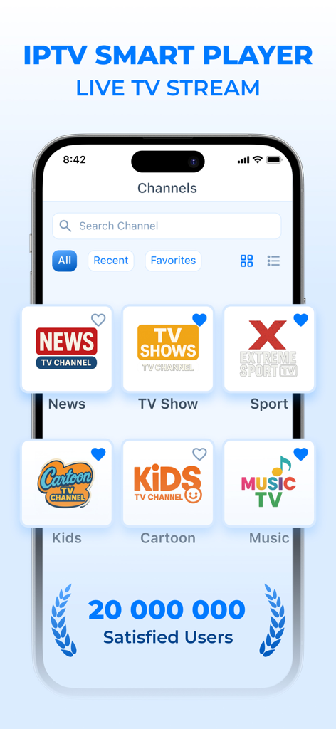 IPTV Smart Player - Interfaccia dell'app IPTV Smart Player che mostra categorie di canali TV in diretta su uno schermo iPhone