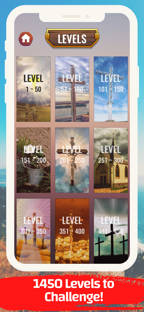 Bible Verse Word Puzzle - Levels selection screen of Bible Verse Word Puzzle showing multiple stages with religious background images including crosses and churches