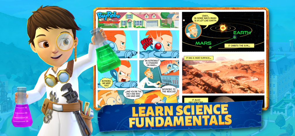 Adventure Academy - Un joven estudiante vestido de científico junto a cómics educativos de ciencia sobre el espacio y Marte