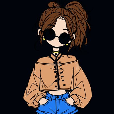 girl with a messy ponytail glasses a baggy crop top and jean shorts