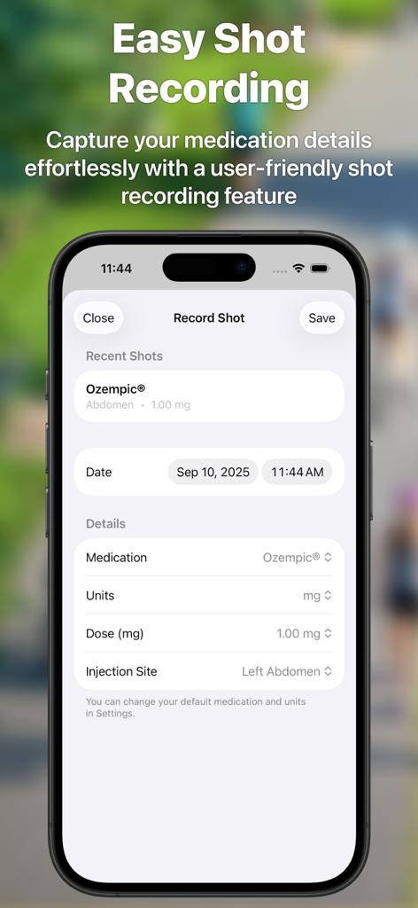 MyGLP GLP-1 Shot Tracker - Interface of the MyGLP GLP-1 Shot Tracker app for recording medication dose and injection site