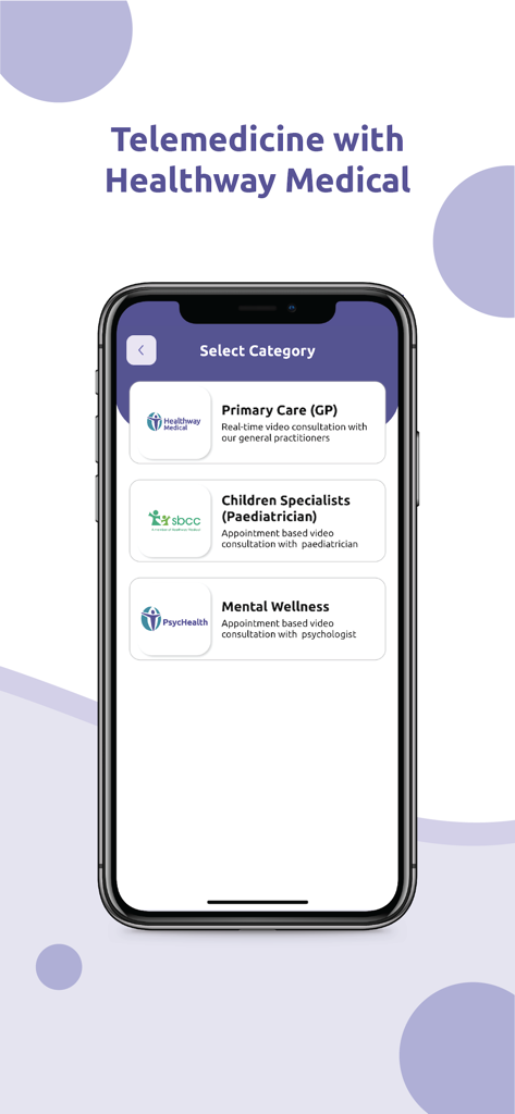 Healthway Medicalアプリの画面。一般開業医、小児科医、心理学者とのビデオ相談のカテゴリが表示されています。