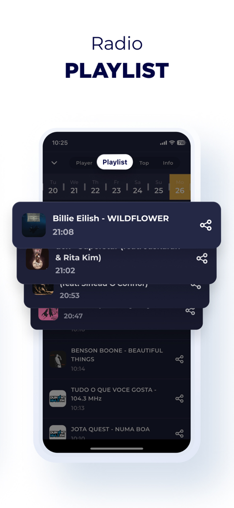 Radio Brazil app playlist screen displaying history of played songs.