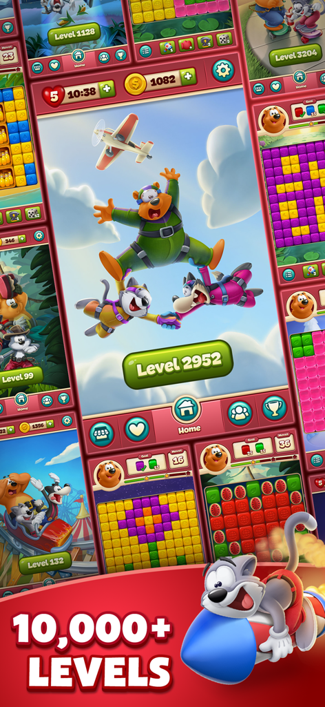 Toon Blast game collage showcasing cartoon characters and diverse puzzle levels