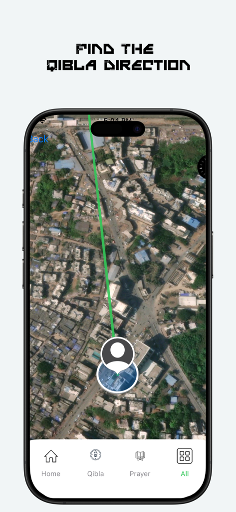 Ramadan Map - Aplicación Ramadan Map mostrando la dirección de Qibla utilizando un mapa satelital y un marcador de ubicación para una alineación precisa de la oración.