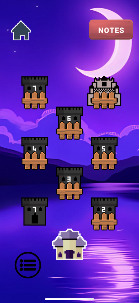 Levelauswahlkarte im Pixel-Art-Stil mit nummerierten Türmen unter einem Halbmond in der SahabaGames-App.