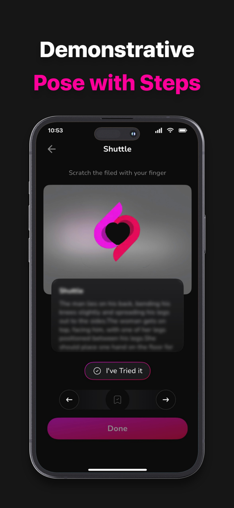 Sex Positions - Kamasutra, 69 - Mobile app interface showing a sexual position titled Shuttle with instructional steps and a demonstrative pose