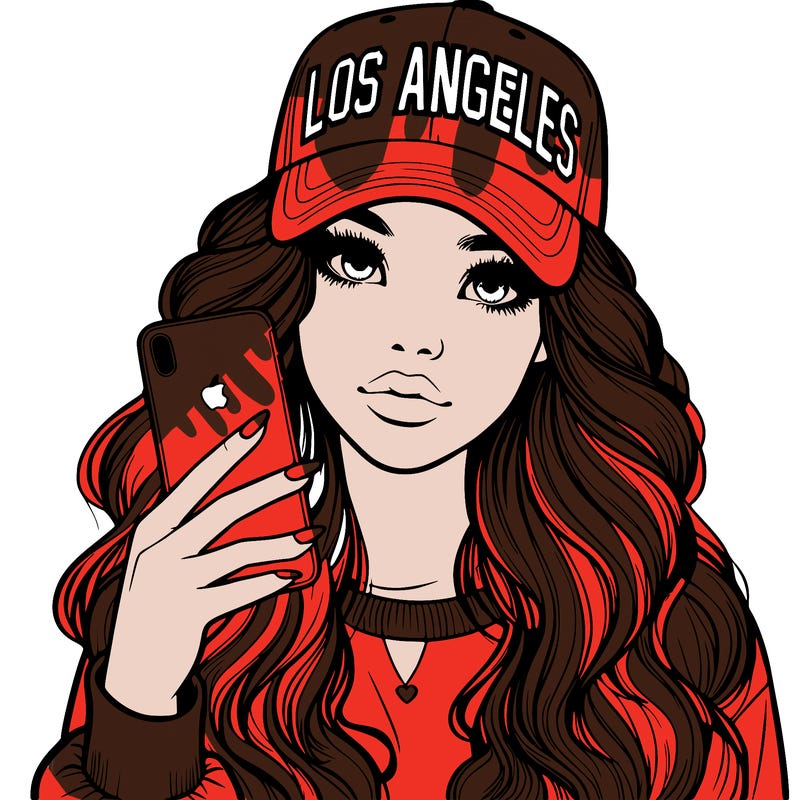 realistic beautiful girl wearing los ángeles cap holding an iphone