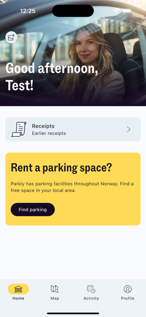 Parkly AS - La schermata principale dell'app mobile Parkly che mostra la dashboard principale con le opzioni per trovare parcheggi e visualizzare le ricevute
